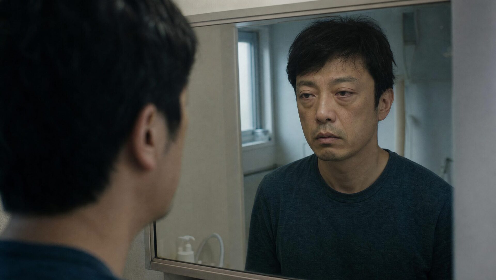朝の洗面所で鏡に映る自分の顔を見ている男性。まぶたが腫れぼったく、目の下にクマがある