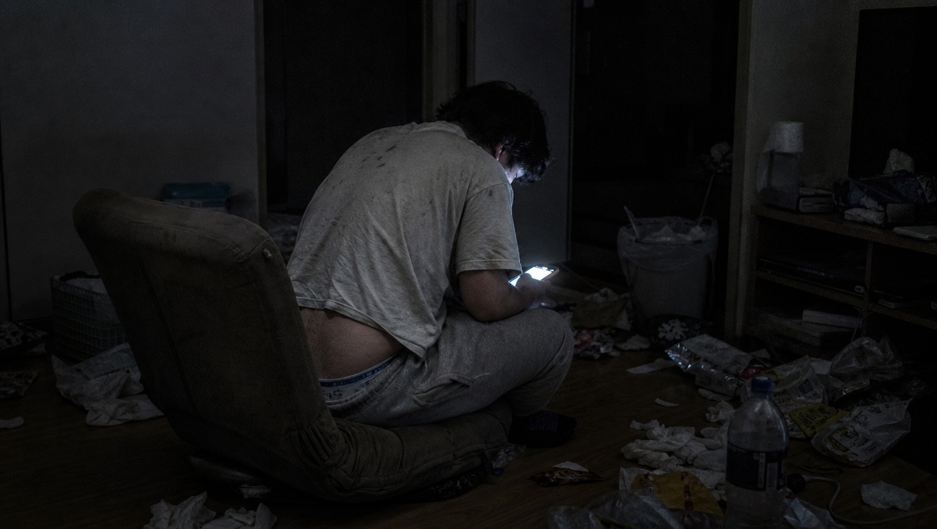 散らかった暗い部屋で床の座椅子にもたれて座り、スマートフォンをのぞき込む若い男性のうしろ姿。ずり下がったズボンから下着がのぞき、周りに菓子の袋やティッシュが散乱している