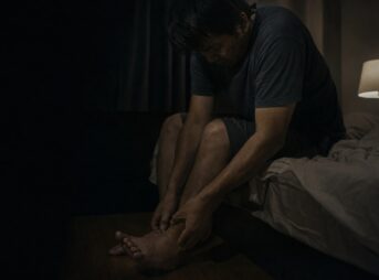 夜の暗い寝室。ベッドの端に腰かけた男性が前かがみになり、両手で自分の足を押さえてうつむいている