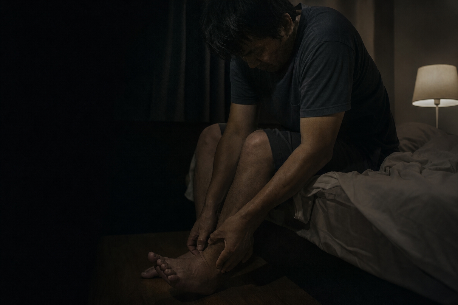 夜の暗い寝室。ベッドの端に腰かけた男性が前かがみになり、両手で自分の足を押さえてうつむいている