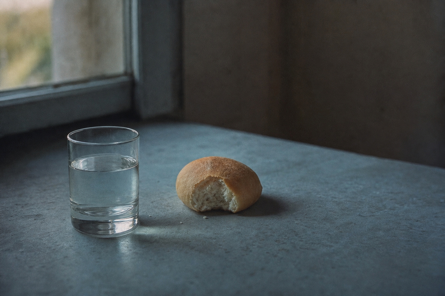 朝の食卓。水の入ったグラスと、食べかけのパンだけが置かれている