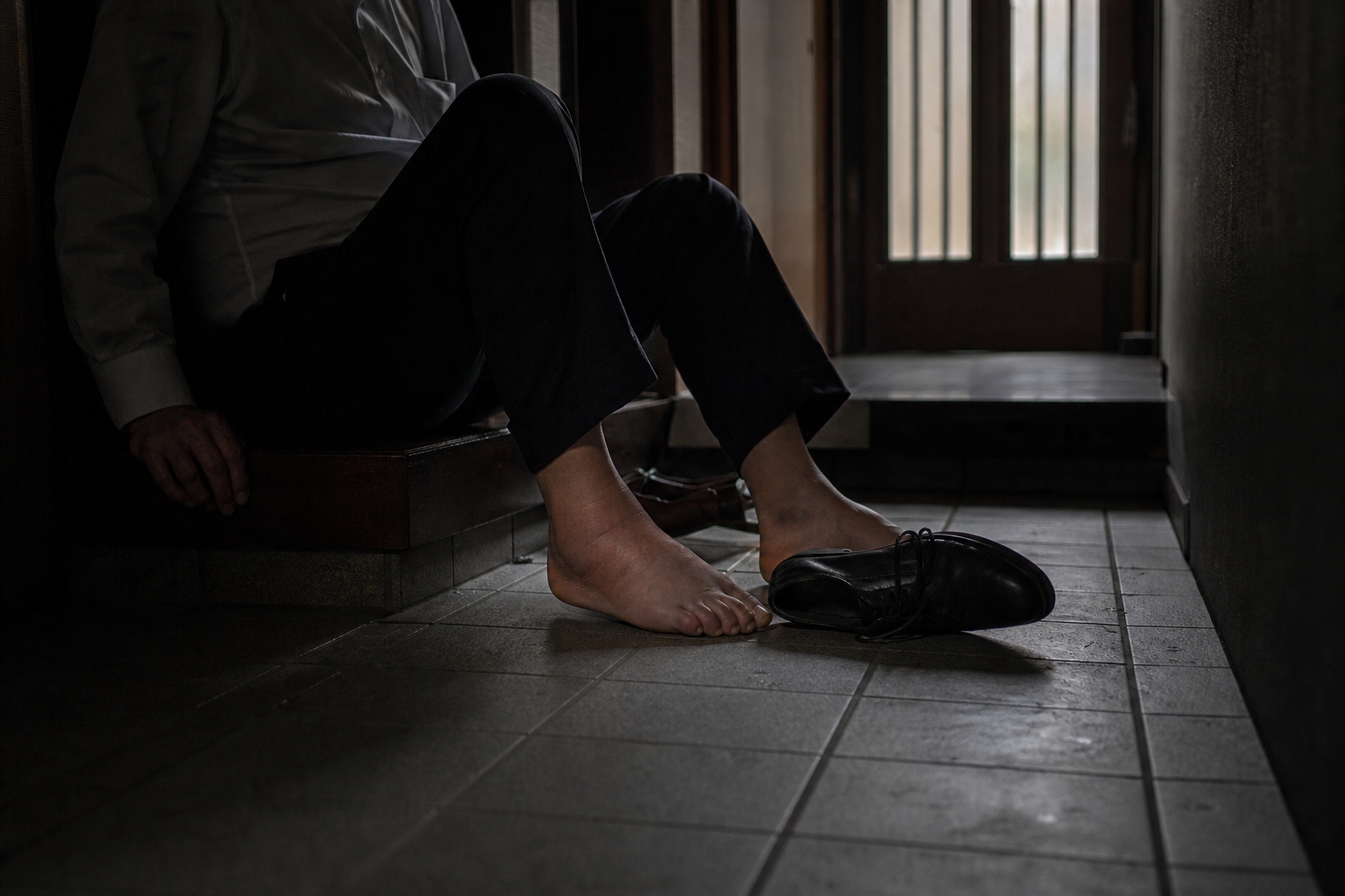 薄暗い玄関。ワイシャツ姿の男性が上がり框に座り込み、素足のそばに革靴が転がったままになっている